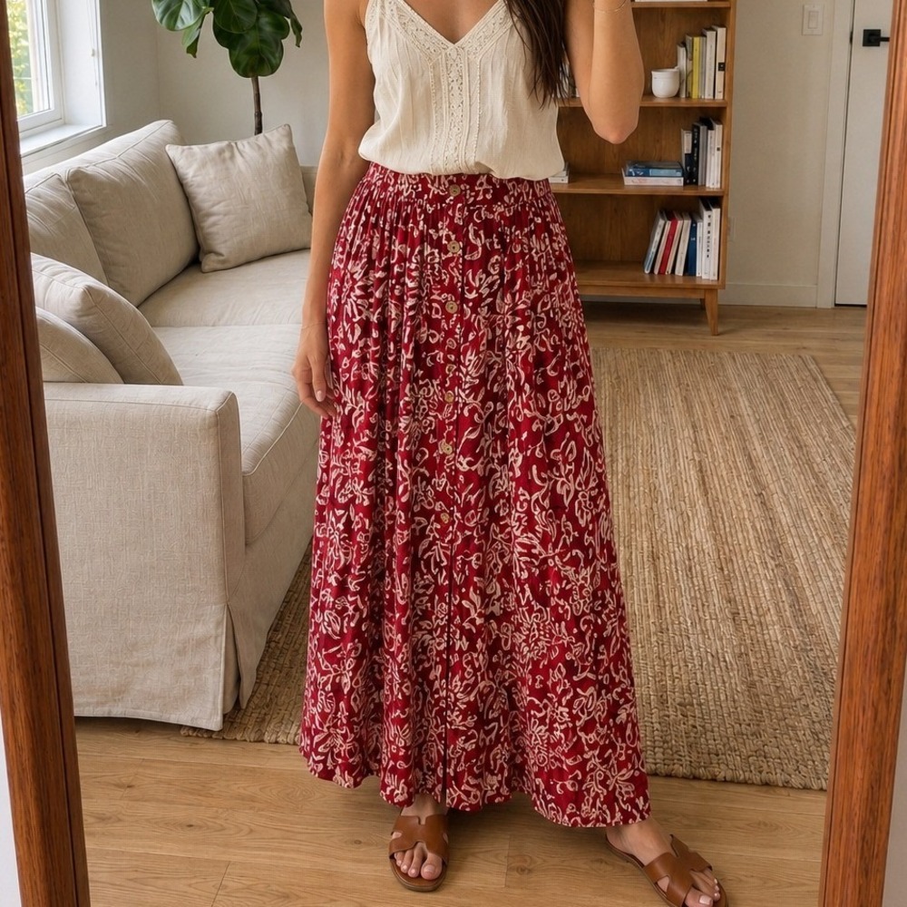 Vintage Bobbie Brooks Womens Floral Maxi Skirt S Red Button‎ Front Boho Romantic